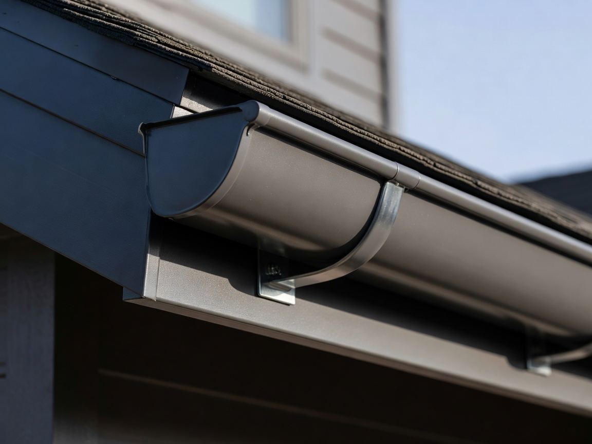 Professional close-up photograph of a genuine modern gutter system installed along a real roof edge