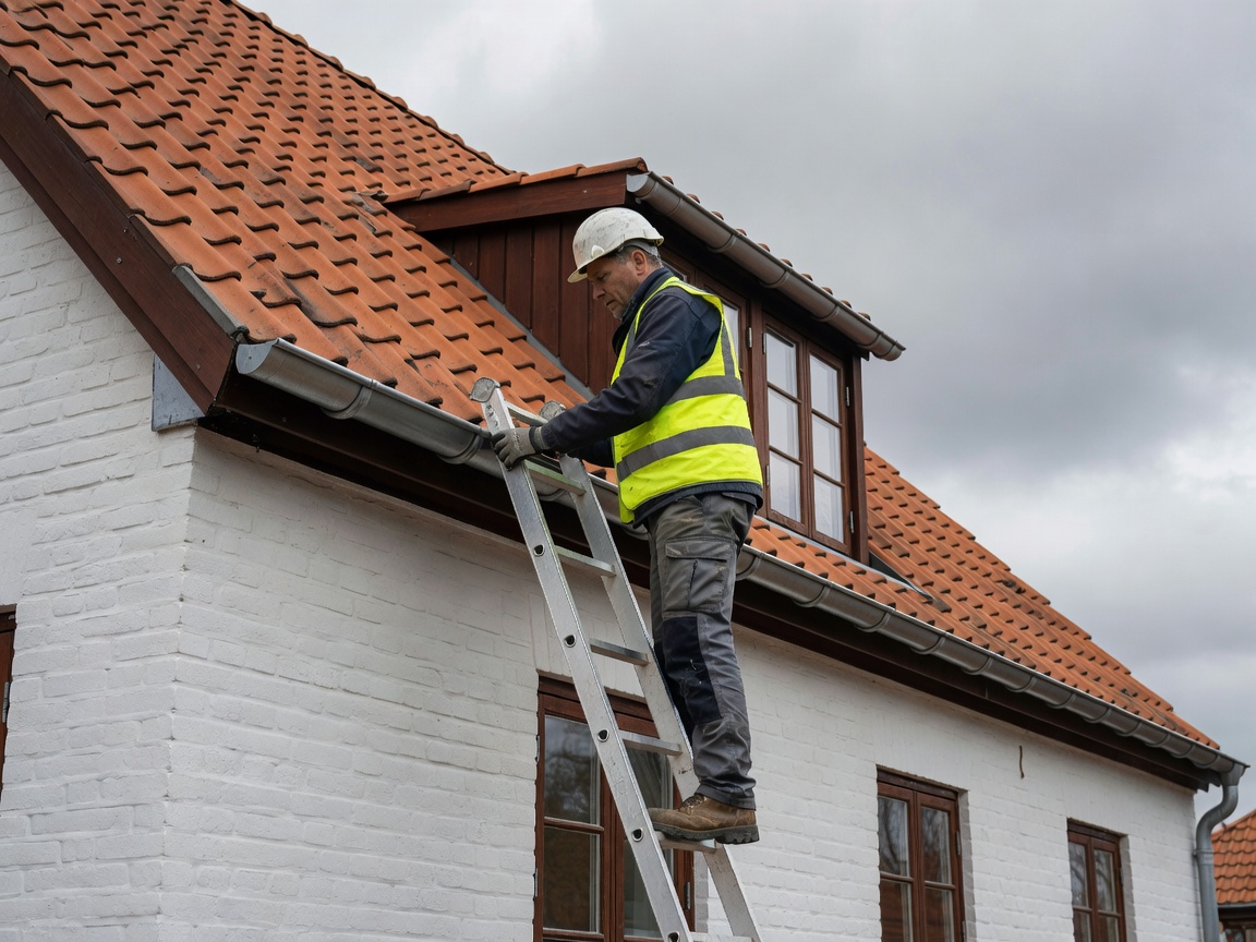 Real documentary photograph of a professional installer working on a genuine two-storey Danish house safely installing a new gutter