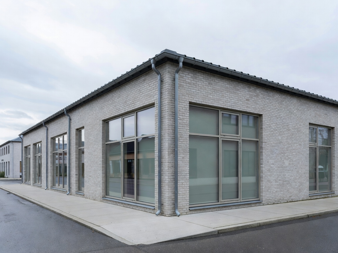 Real photograph of a genuine commercial building in Denmark with a professionally installed gutter system along the roof edge