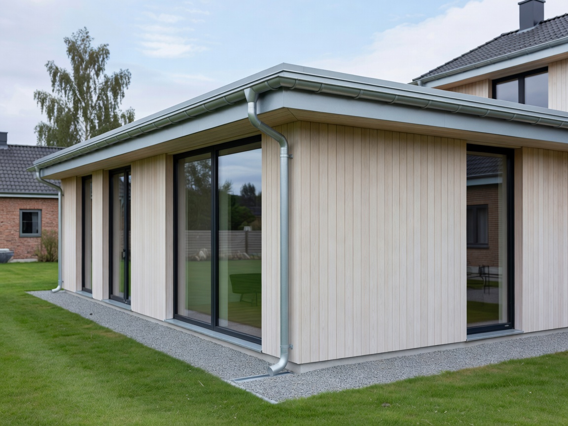 Real photograph of a modern Danish home extension with a newly installed gutter system