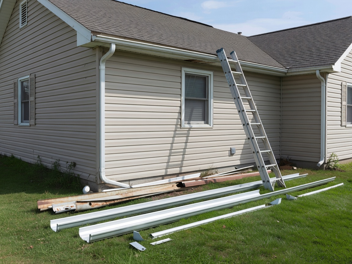 Real photograph of an existing residential property where an old gutter system is being replaced with new clean components