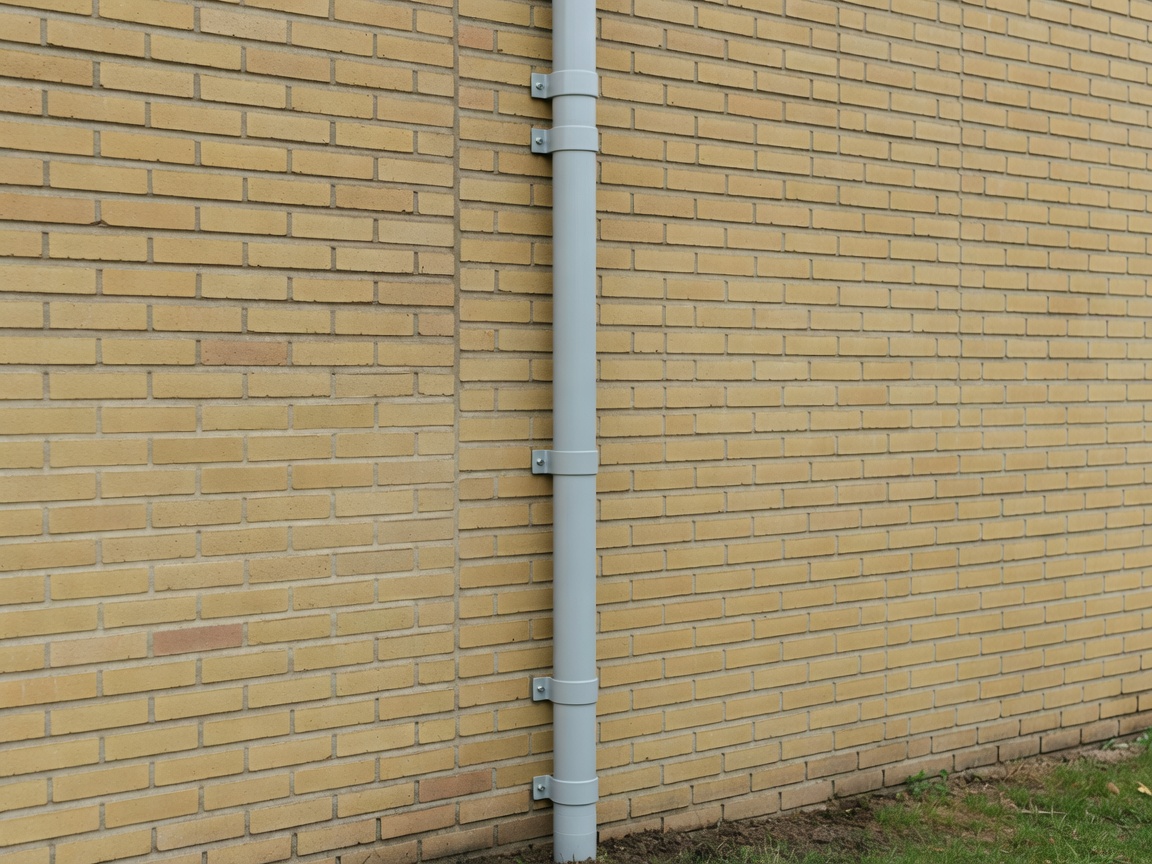 Realistic close-to-medium photograph showing a newly installed vertical downpipe attached correctly to the exterior wall of a Danish house