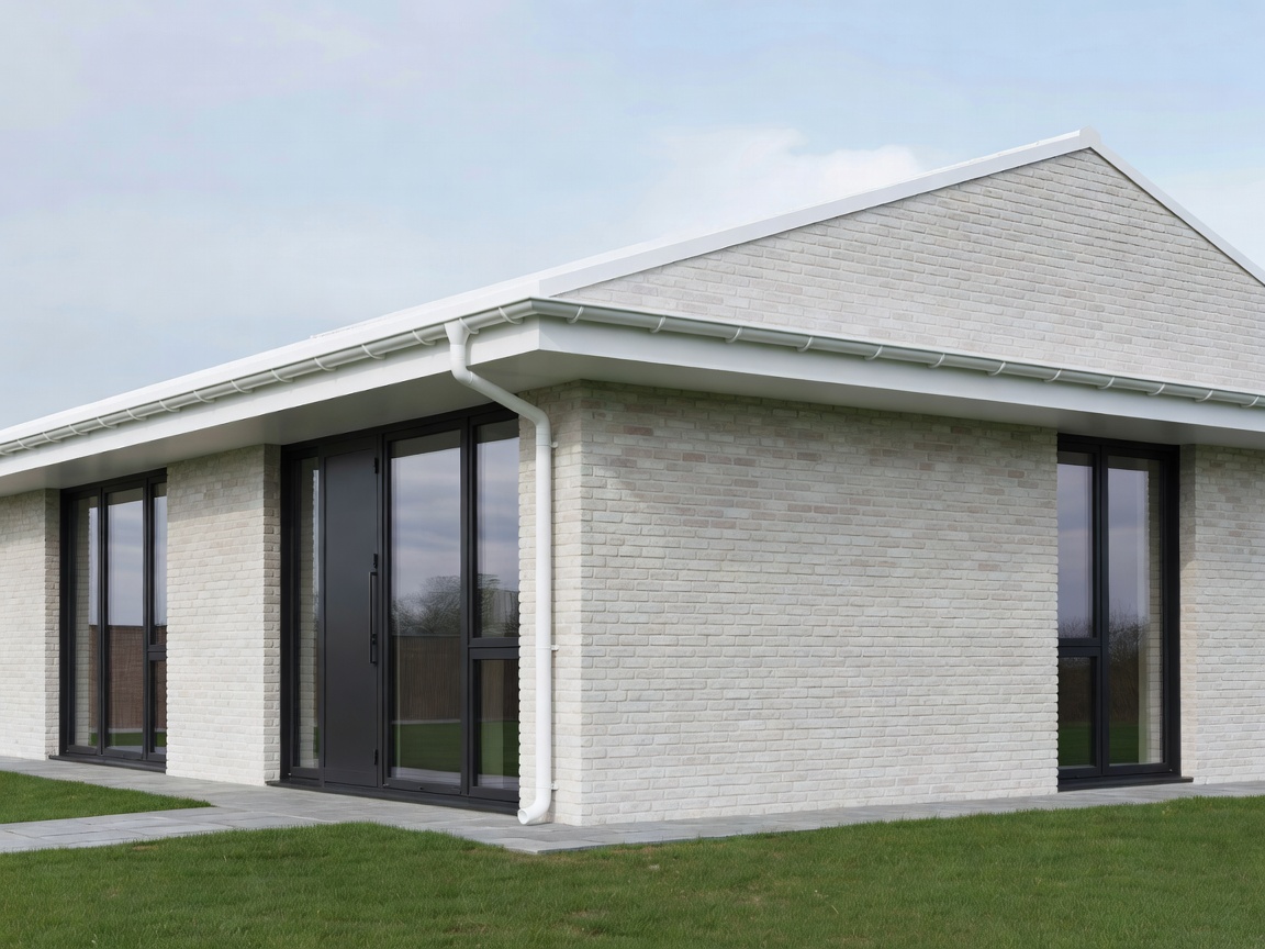 Realistic photograph of a modern Danish detached house viewed from the front with a correctly installed gutter running continuously along the roof edge