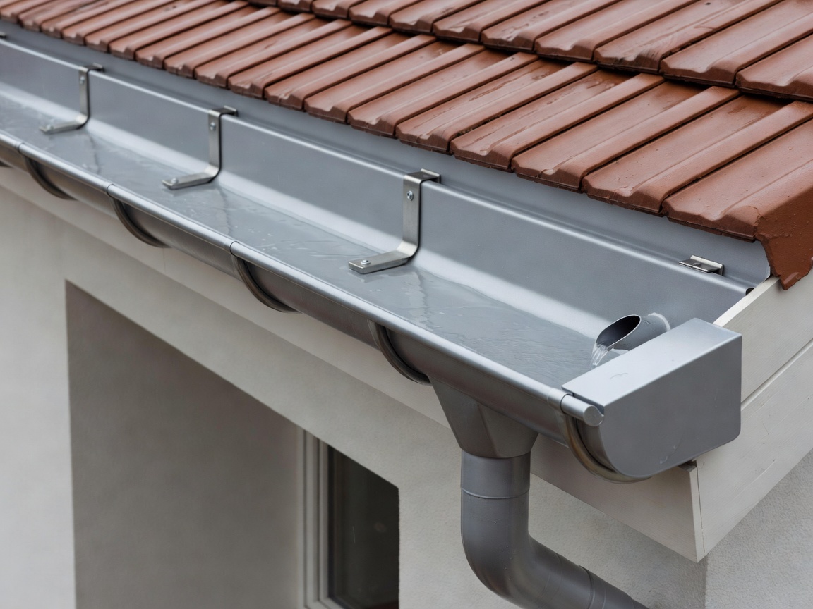 Realistic photograph showing rainwater moving through a correctly installed gutter and downpipe system during light rainfall