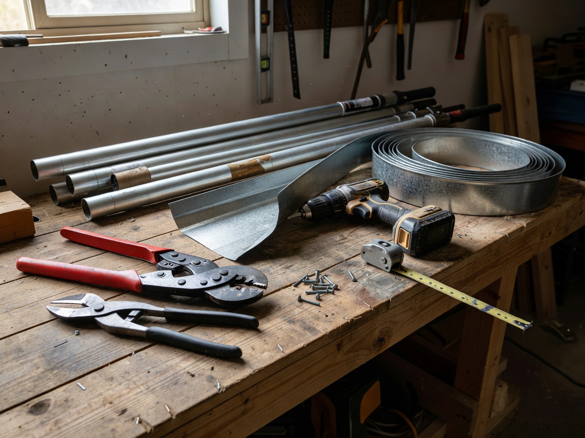 Realistic workshop-style photograph of genuine gutter installation equipment arranged naturally on a workbench